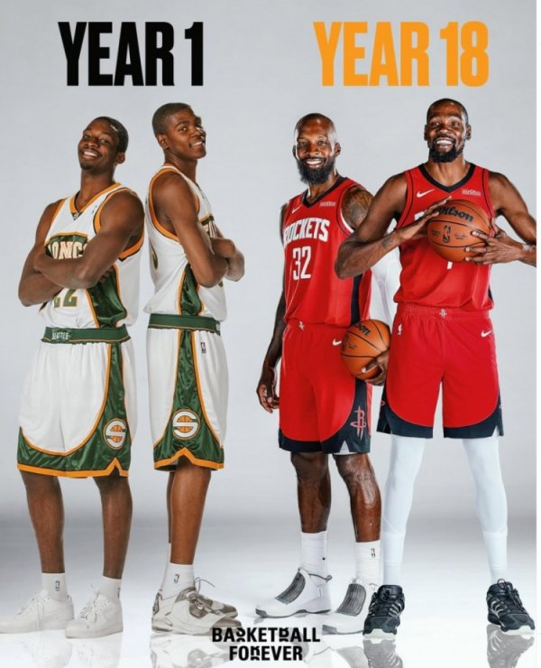 美媒晒新秀赛季杰夫-格林与KD合拍定妆照与今年对比：一个轮回