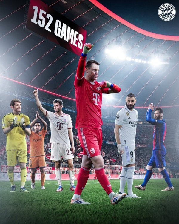 数据错了？拜仁祝贺诺伊尔欧冠152场历史排名第六，但海报上无