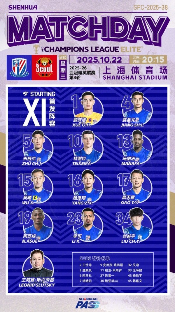 2025/26 亚冠精英职业联赛  第3轮 上海申花 vs 